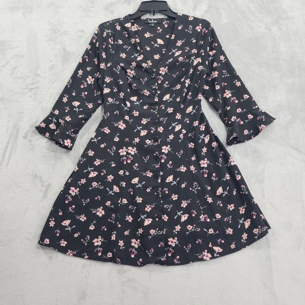 Lulus Dress Womens S Black Floral Button Front Belted Fit & Flare Mini Ruffled
